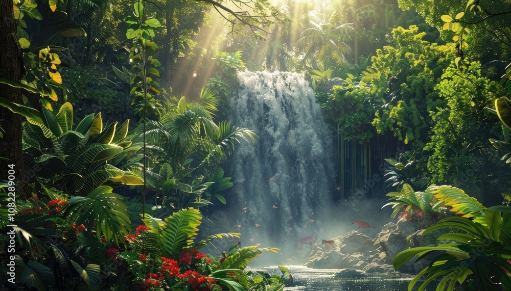 Lush Tropical Rainforest Waterfall Scene with Sunlight Lush Tropical Rainforest Waterfall Scene with Sunlight