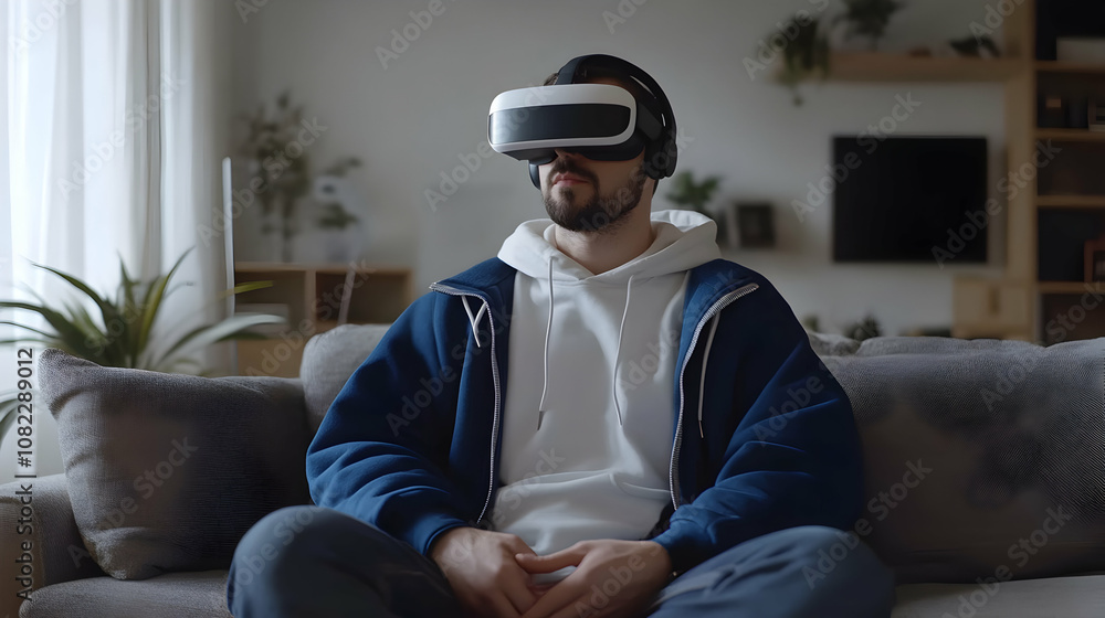 Man wearing VR headset sits on sofa, experiencing immersive virtual reality technology at home. Man wearing VR headset sits on sofa, experiencing immersive virtual reality technology at home.