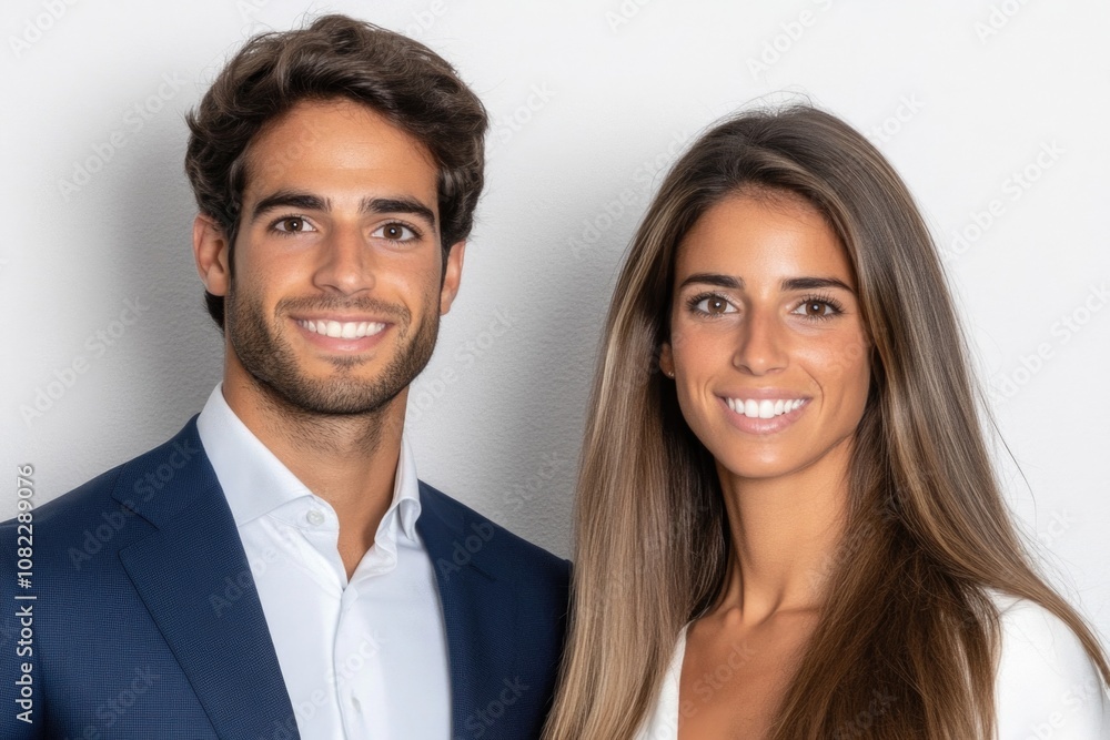 Confident smiling couple in formal attire against neutral background Confident smiling couple in formal attire against neutral background