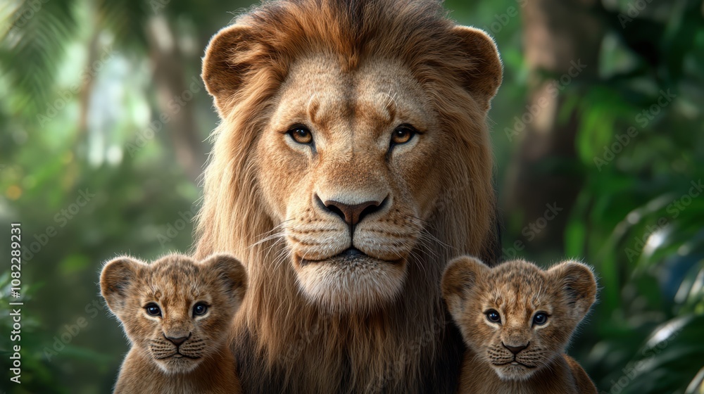 Majestic African Lion with Cubs in Lush Jungle Wildlife Photography Majestic African Lion with Cubs in Lush Jungle Wildlife Photography