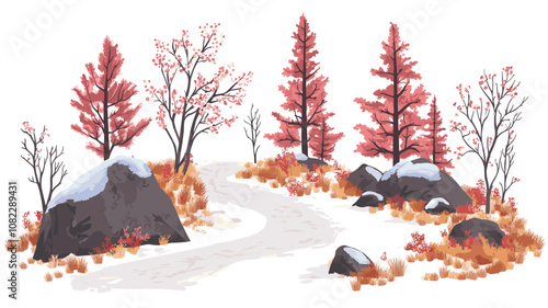 Snowy autumn landscape with rocks and red-orange foliage