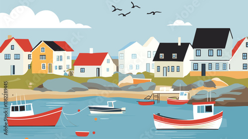 Colorful Coastal Village with Fishing Boats
