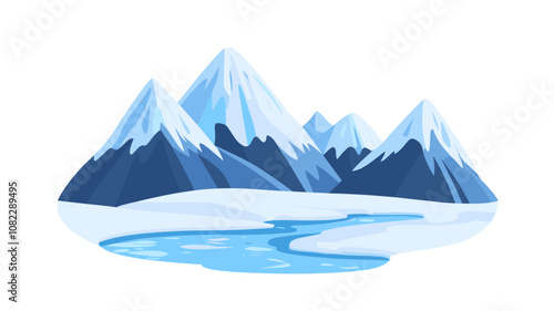 Snow-covered mountain peaks and frozen lake under clear blue sky