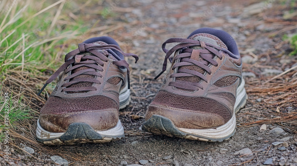 A pair of worn athletic shoes resting on a gravel path surrounded by grass. A pair of worn athletic shoes resting on a gravel path surrounded by grass.