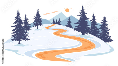 Snowy winding road through winter pine forest and mountains