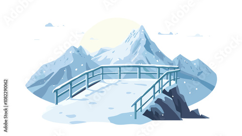 Winter mountain view from icy overlook platform at sunrise