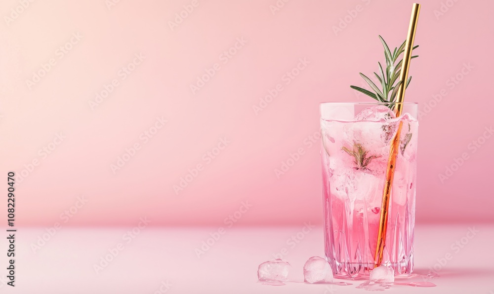Refreshing pink cocktail with ice and rosemary garnish, vibrant pink background, elegant glass, golden straw Refreshing pink cocktail with ice and rosemary garnish, vibrant pink background, elegant glass, golden straw