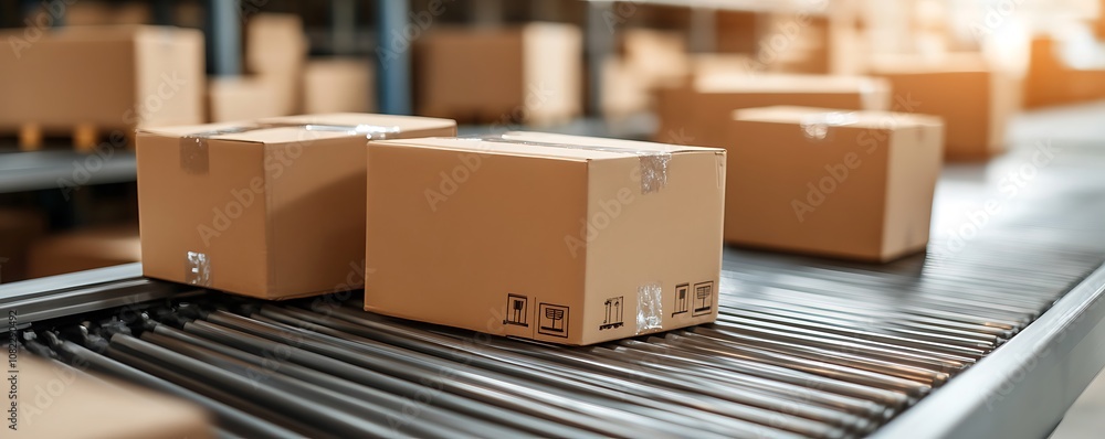A conveyor belt with cardboard boxes ready for distribution in a warehouse setting. A conveyor belt with cardboard boxes ready for distribution in a warehouse setting.