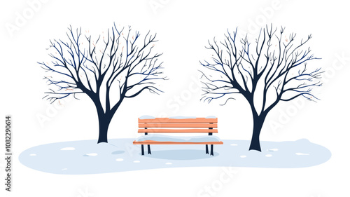 Snow-Covered Park Bench Between Bare Winter Trees