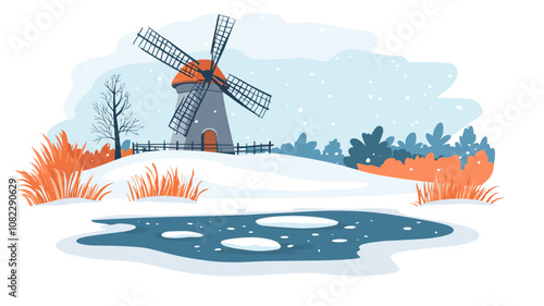 Snowy Windmill on Frozen Pond with Trees and Grass