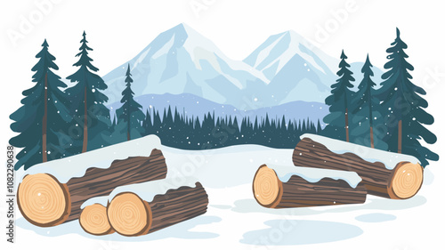 Stacked Logs in Snowy Winter Forest by Mountains