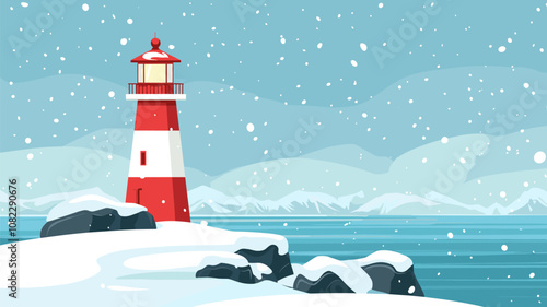 Red Lighthouse on Snowy Coast with Falling Snowflakes