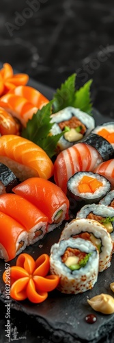 A close-up view of assorted sushi rolls on a black slate plate photo