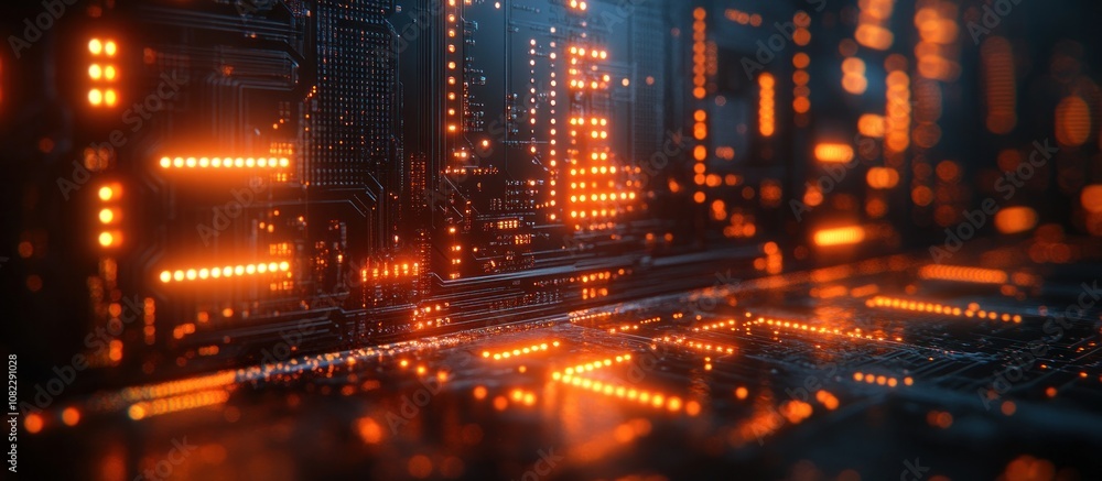Futuristic digital cityscape with glowing orange lights.