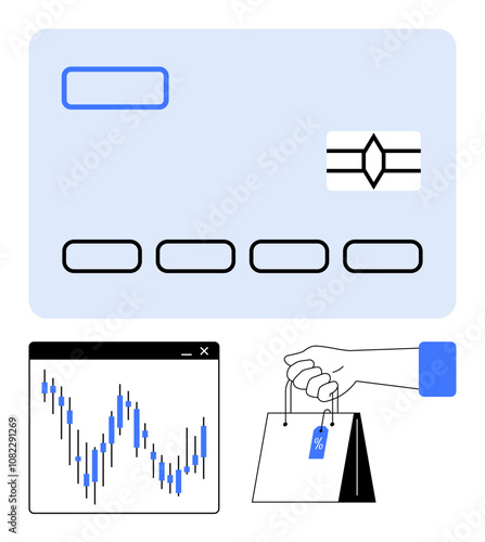 Credit card, financial chart with fluctuating data, and hand holding shopping bag with sale tag. Ideal for e-commerce, online shopping, financial analysis, retail, discount sales, economic trends