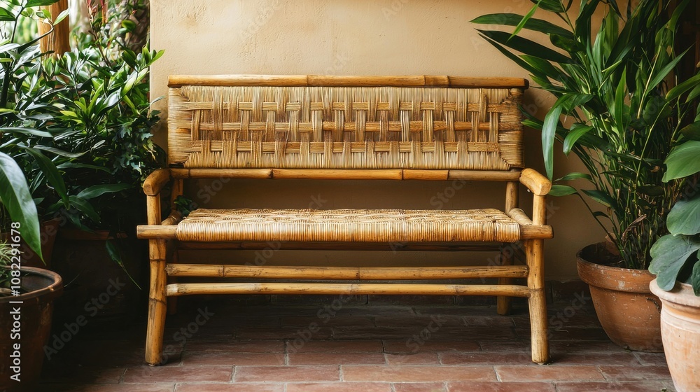 Rustic Bamboo Bench Surrounded by Lush Green Plants Rustic Bamboo Bench Surrounded by Lush Green Plants