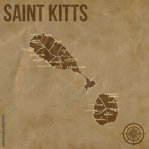 Vintage SAINT KITTS Map with Regions Borders and Major Cities Positions