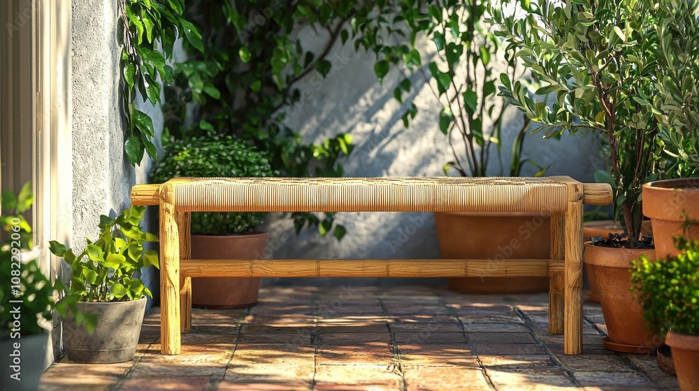 Obraz premium Cozy Bamboo Bench Surrounded by Green Plants