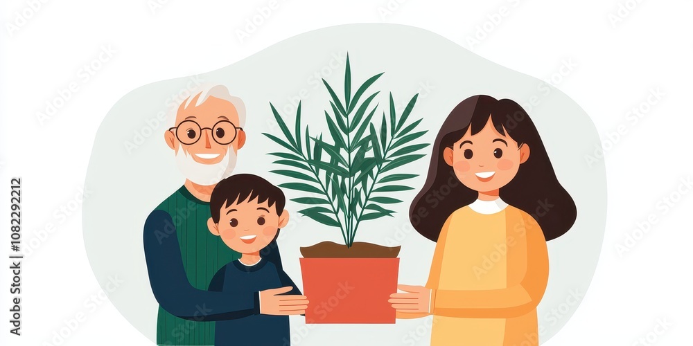 A cheerful family, including a child and grandparents, presents a green plant in a pot, symbolizing growth, love, and togetherness. A cheerful family, including a child and grandparents, presents a green plant in a pot, symbolizing growth, love, and togetherness.