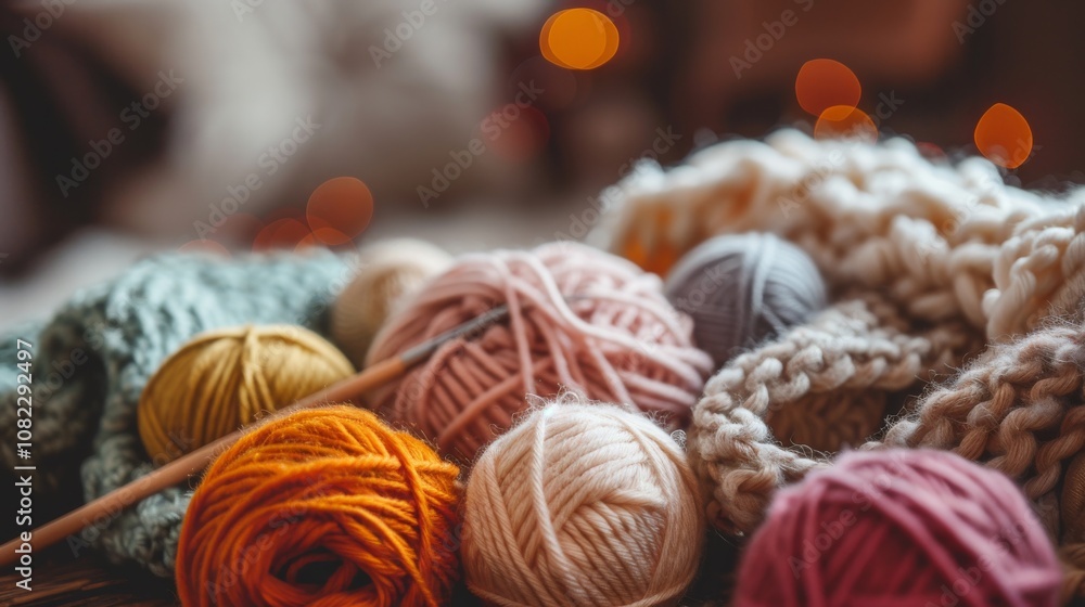 A cozy knitting station with skeins of yarn and knitting needles, Yarn balls and knitting patterns arranged invitingly, Warm craft style A cozy knitting station with skeins of yarn and knitting needles, Yarn balls and knitting patterns arranged invitingly, Warm craft style
