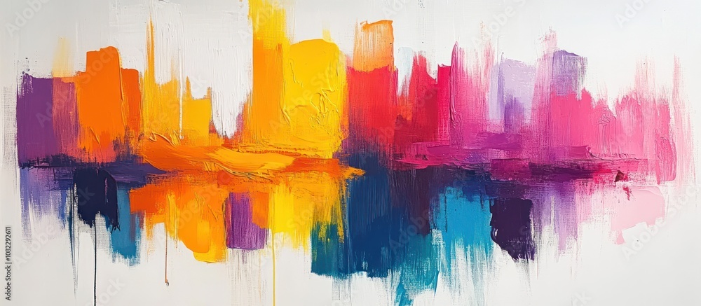 Fototapeta premium Abstract painting of a cityscape with vibrant colors reflected in the water.