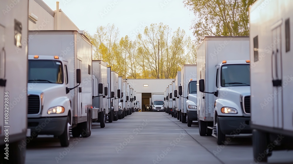 A row of delivery trucks parked in a loading area, ready for distribution. A row of delivery trucks parked in a loading area, ready for distribution.