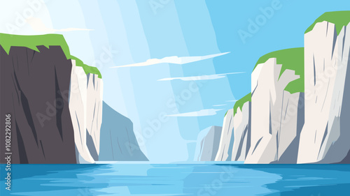 Cliffside Waterway with Bright Sky