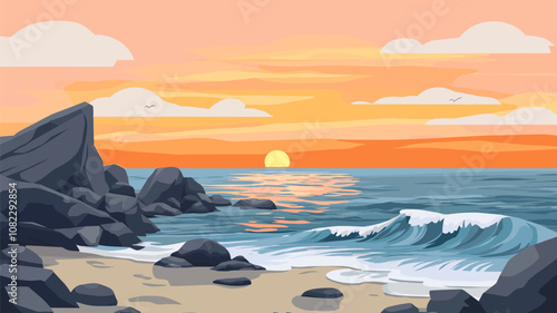 Rocky Shoreline with Ocean Sunset