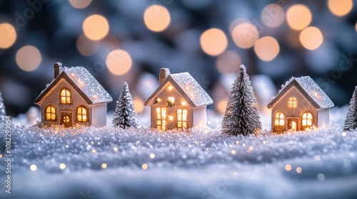 Magical Snow-Covered Christmas Village with Illuminated Miniature Houses, Frosted Trees, and Soft Bokeh Lights, Creating a Cozy, Festive Atmosphere Perfect for Celebrating Winter