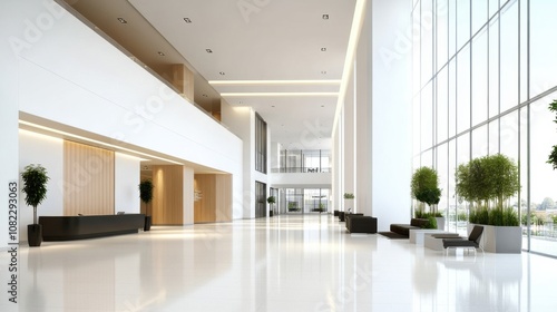 The bright and airy lobby showcases a minimalist design with tall windows, elegant furnishings, and lush plants, creating an inviting atmosphere for visitors