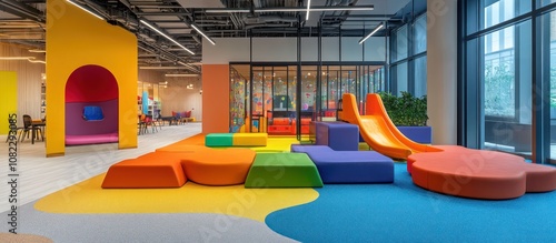 A colorful indoor playground with a slide, soft seating, and a large window overlooking a city street.