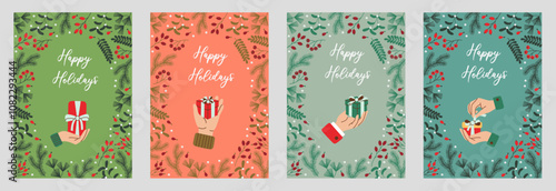 Set of holiday greeting cards featuring hands holding or unwrapping gifts surrounded by decorative Christmas foliage. Flat style design perfect for festive celebrations and winter-themed projects