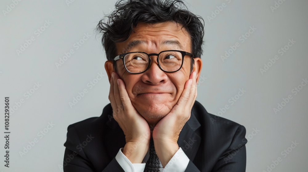 Man wearing glasses and dressed in a business suit, smiling with an endearing and slightly mischievous expression while resting his head on his hands. The pose conveys charm, and a playful demeanor Man wearing glasses and dressed in a business suit, smiling with an endearing and slightly mischievous expression while resting his head on his hands. The pose conveys charm, and a playful demeanor