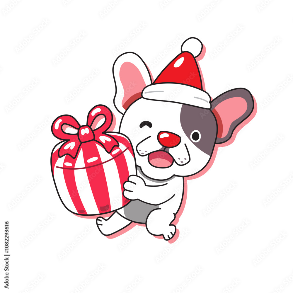 Naklejka premium Merry christmas cute cartoon french bulldog with gift box for design.