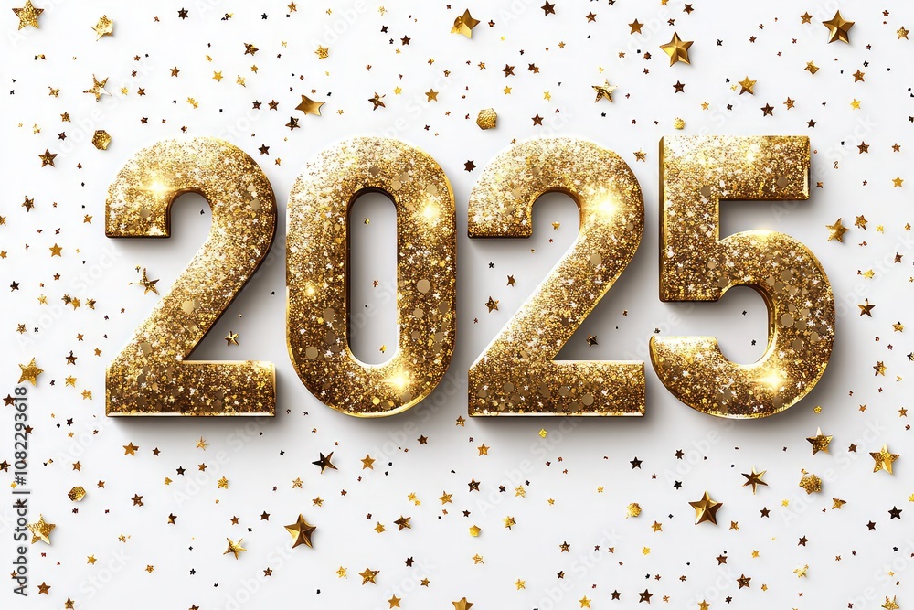 Happy new year 2025 with gold glitter on white background Happy new year 2025 with gold glitter on white background