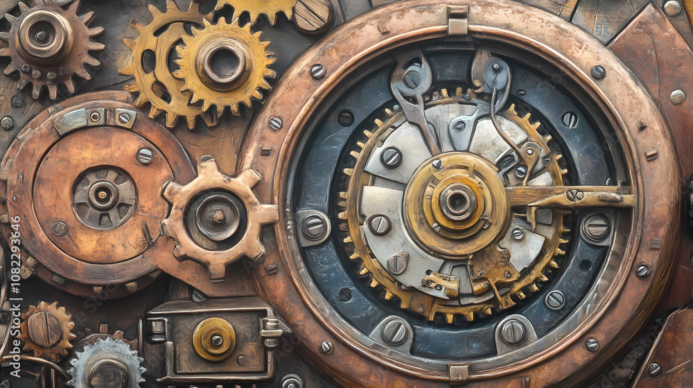 Obraz premium Intricate vintage mechanical clock with brass gears, showcasing steampunk design elements and antique craftsmanship in a detailed close-up. Steampunk. Illustration