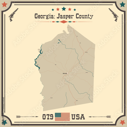 Large and accurate map of Jasper County, Georgia, USA with vintage colors.