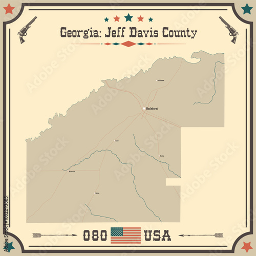 Large and accurate map of Jeff Davis County, Georgia, USA with vintage colors.