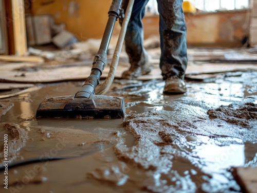 Determined man cleaning flooded room with vacuum cleaner, muddy water aftermath photo