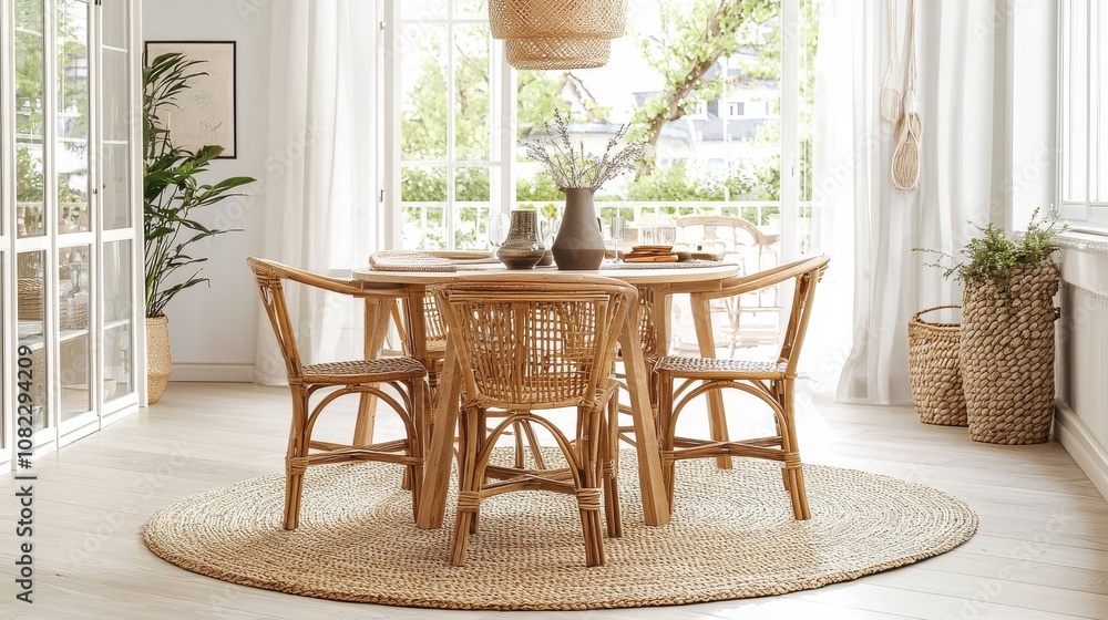 Fototapeta premium Cozy Dining Area with Rattan Furniture and Natural Light