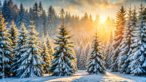 Beautiful snowy forest with sunlight breaking through trees, serene atmosphere, enchanting winter scene