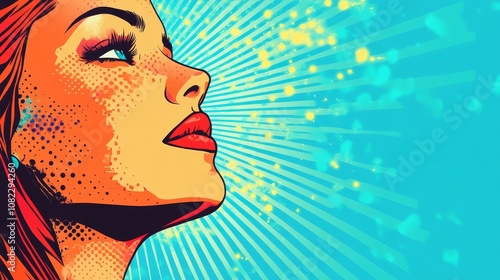 Background featuring a comic-style illustration with vibrant rays and halftone dots embellishing a blue backdrop.