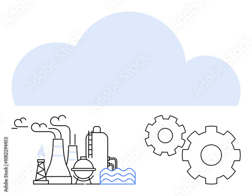 Slika na platnu Industrial factory with chimneys and machinery emitting smoke, gear wheels in the foreground, and a cloud