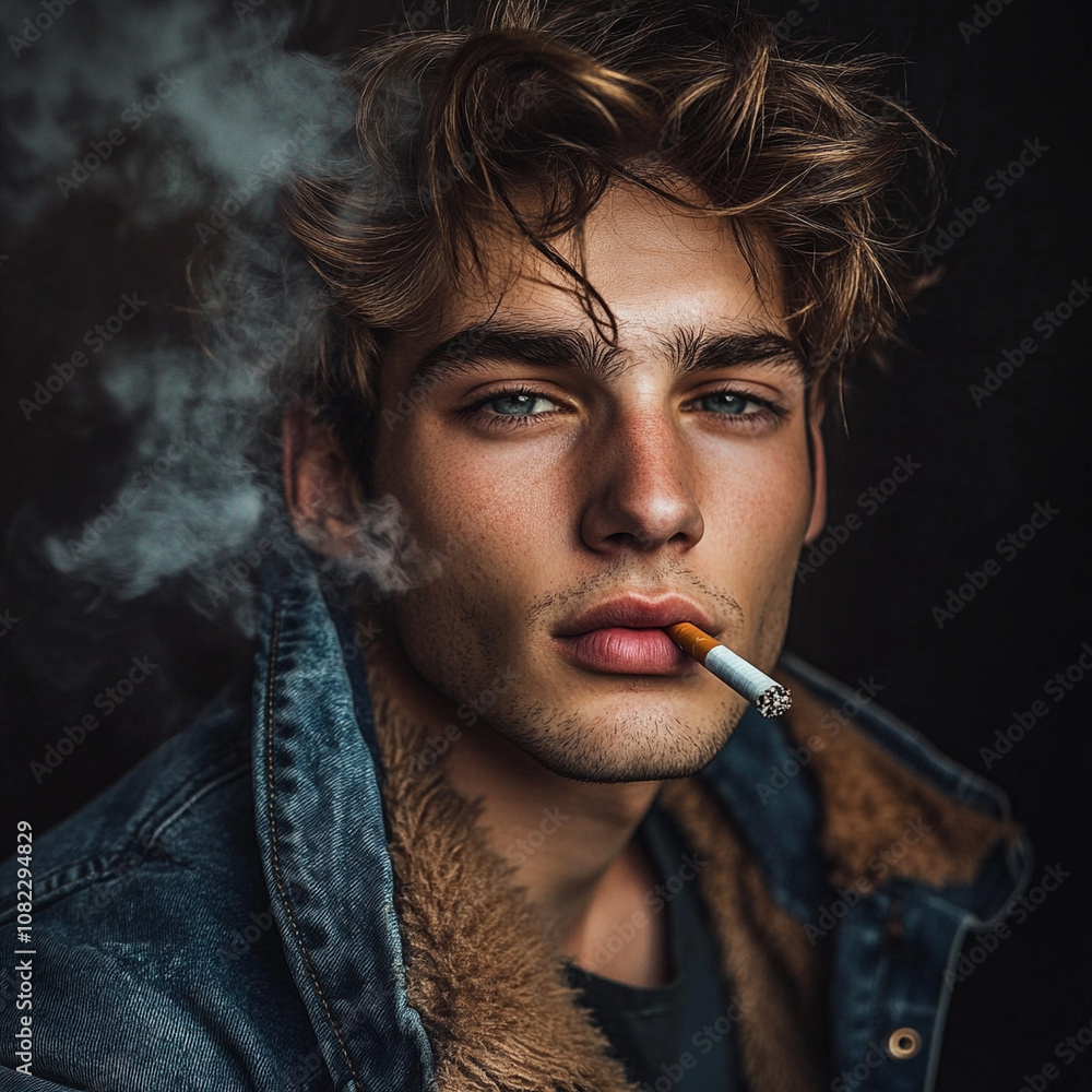 Fototapeta premium Portrait of a very attractive gay male model smoking, guy looking cool while smoking. smoking fetish. Smoking is sexy. Handsome guy enjoying his cigarette.