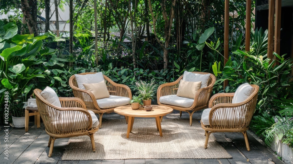 Cozy Outdoor Seating Arrangement in Lush Garden Cozy Outdoor Seating Arrangement in Lush Garden