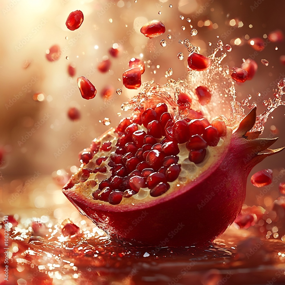 Cracked Pomegranate with Ruby Red Seeds Spilling Out in Soft Sunlit Splash Cracked Pomegranate with Ruby Red Seeds Spilling Out in Soft Sunlit Splash