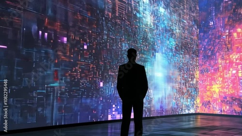 Wallpaper Mural Cyberpunk Cityscape: A lone figure stands silhouetted against a vibrant, futuristic cityscape, a mesmerizing blend of technology and urban sprawl. The image evokes a sense of wonder and contemplation. Torontodigital.ca