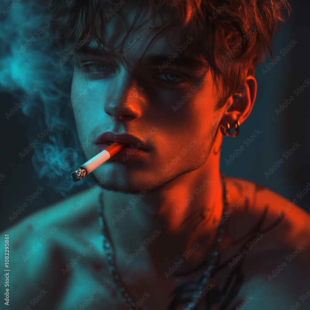 Obraz premium Portrait of a very attractive gay male model smoking, guy looking cool while smoking. smoking fetish. Smoking is sexy. Handsome guy enjoying his cigarette.
