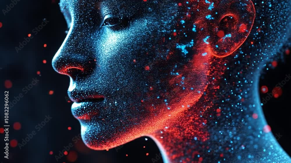 Digital Portrait: A close-up portrait of a woman's face, rendered in a mesmerizing digital art style. Her skin shimmers with a holographic glow. Digital Portrait: A close-up portrait of a woman's face, rendered in a mesmerizing digital art style. Her skin shimmers with a holographic glow.