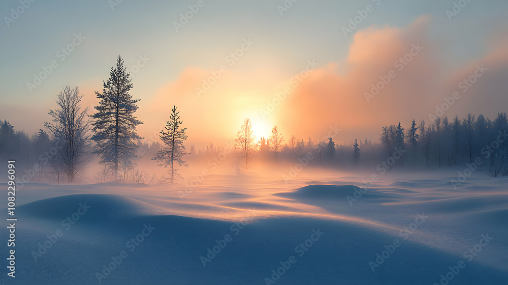 Winter Sunrise Illuminates Snowy Landscape with Silhouetted Trees and Misty Field, Creating a Serene and Peaceful Atmosphere. Winter Sunrise Illuminates Snowy Landscape with Silhouetted Trees and Misty Field, Creating a Serene and Peaceful Atmosphere.